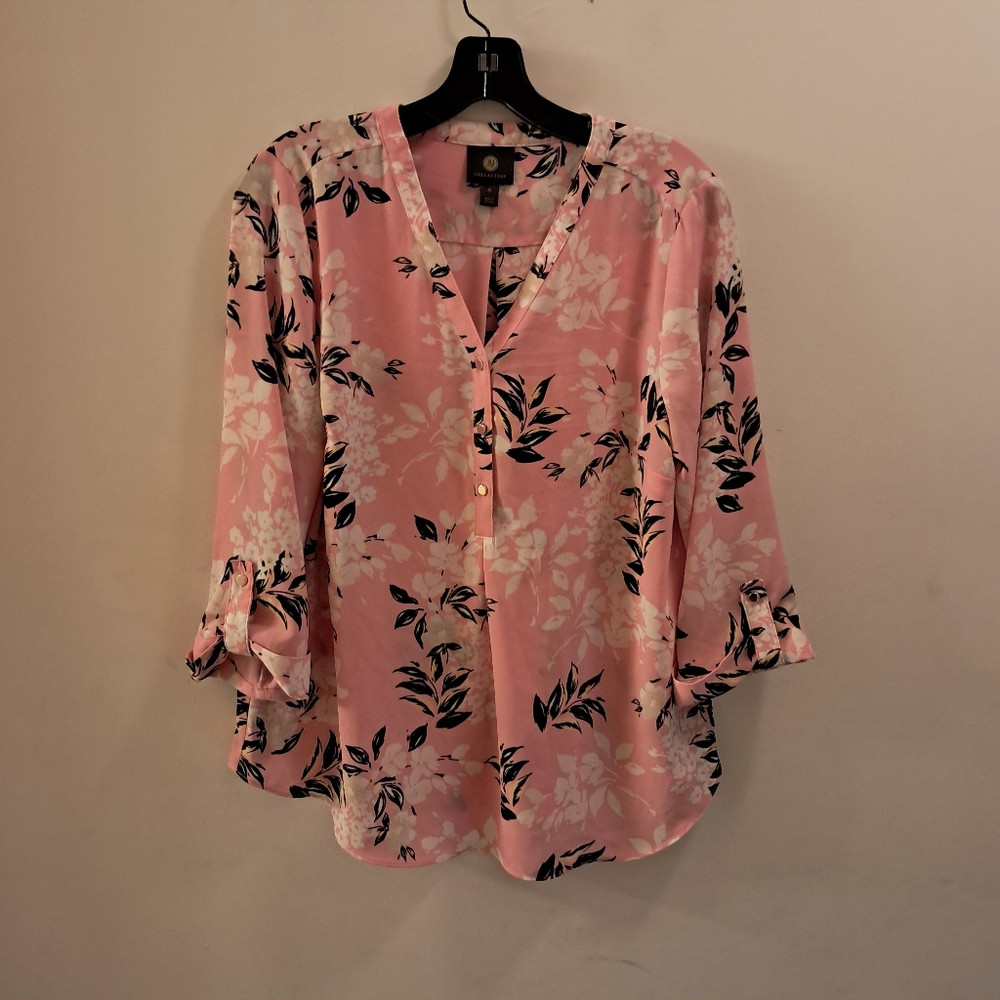 JM Collection Blouse Women's PL Pink Floral Formal Office Evening Button Up